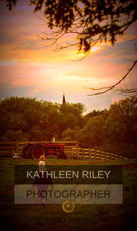 Riding Rocket the Pony into the sunset with a tractor, church steeple and the setting sun