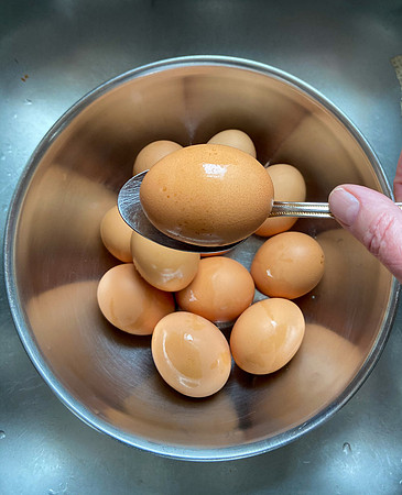 Hard Boiled Brown Eggs in a Stainless Bowl IMG_6168