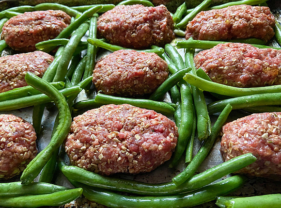 Beef and Green Beans pre baking on a sheet pan IMG_5922