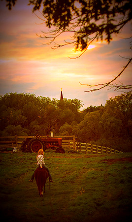 Riding Rocket the Pony into the sunset with a tractor, church steeple and the setting sun. Wadena Mi